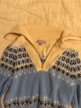 J. Crew Light Blue and Cream Fair Isle Zip Sweater